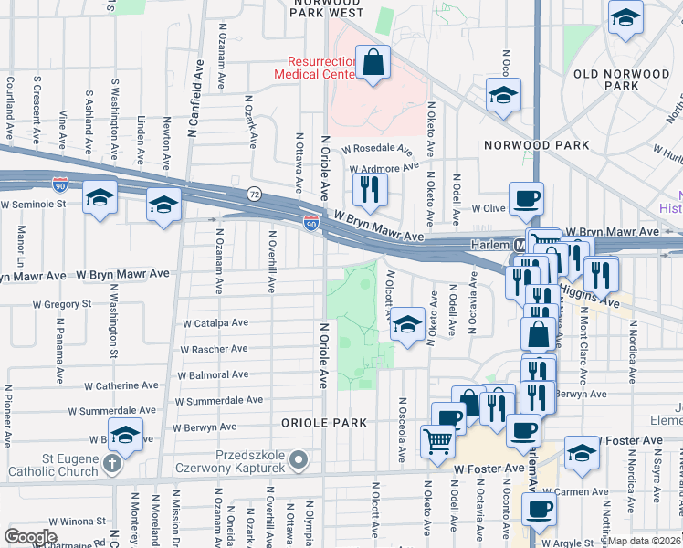 map of restaurants, bars, coffee shops, grocery stores, and more near 7534 West Bryn Mawr Avenue in Chicago
