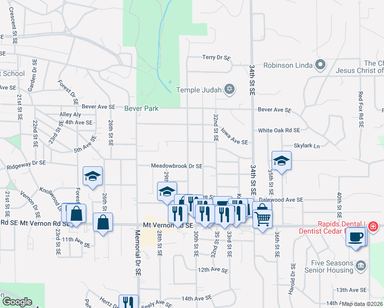 map of restaurants, bars, coffee shops, grocery stores, and more near 501 31st Street Southeast in Cedar Rapids