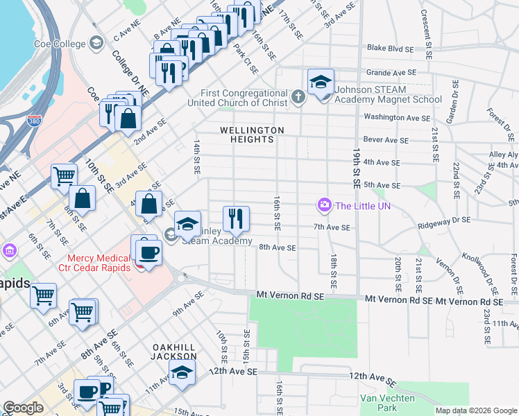 map of restaurants, bars, coffee shops, grocery stores, and more near in Cedar Rapids