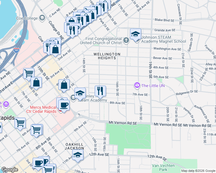 map of restaurants, bars, coffee shops, grocery stores, and more near in Cedar Rapids