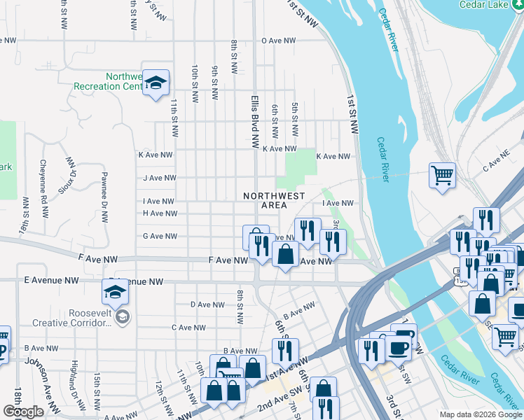 map of restaurants, bars, coffee shops, grocery stores, and more near in Cedar Rapids