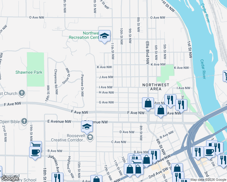 map of restaurants, bars, coffee shops, grocery stores, and more near 1110 I Avenue Northwest in Cedar Rapids