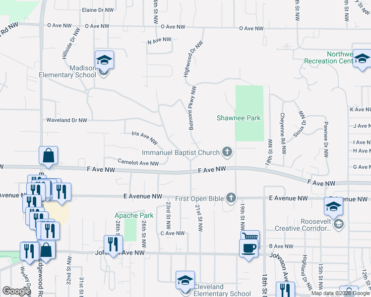 map of restaurants, bars, coffee shops, grocery stores, and more near 949 Westwood Dr NW in Cedar Rapids