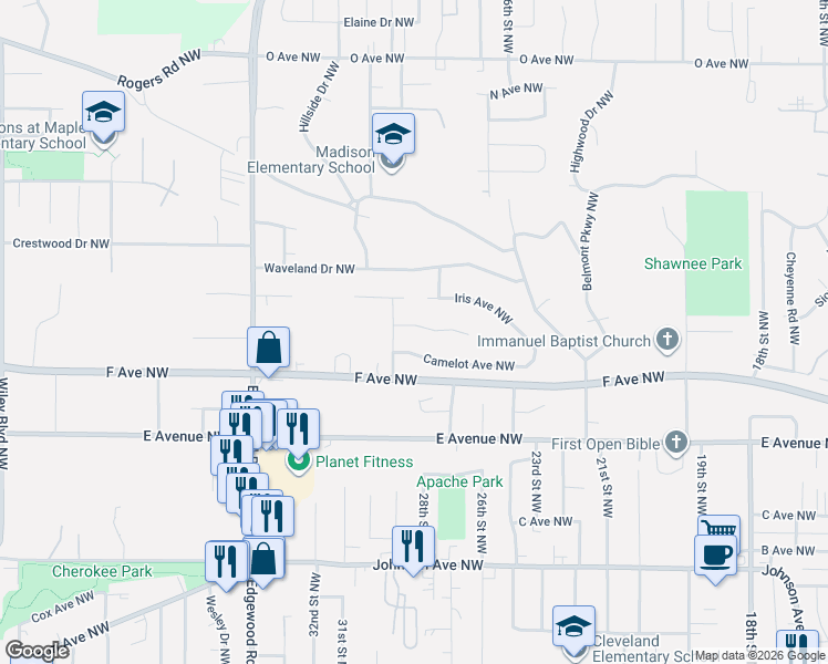 map of restaurants, bars, coffee shops, grocery stores, and more near 2829 Iris Avenue Northwest in Cedar Rapids