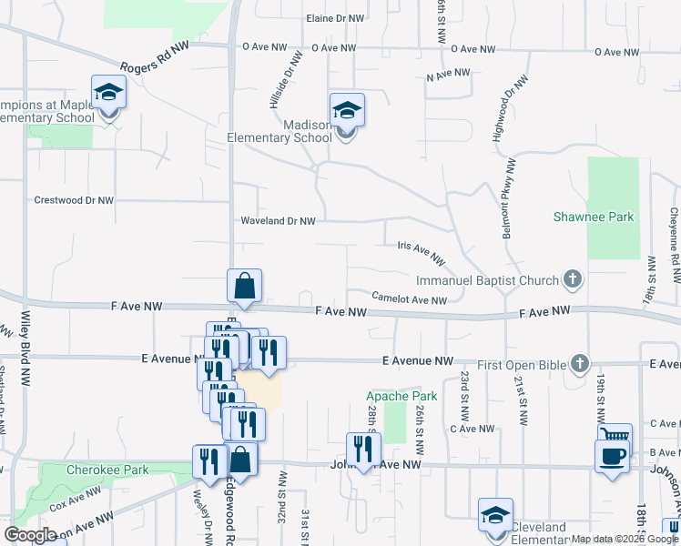 map of restaurants, bars, coffee shops, grocery stores, and more near 2917 Iris Ave NW in Cedar Rapids