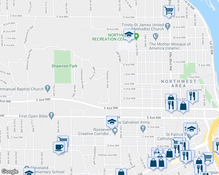 map of restaurants, bars, coffee shops, grocery stores, and more near 915 Pawnee Drive Northwest in Cedar Rapids