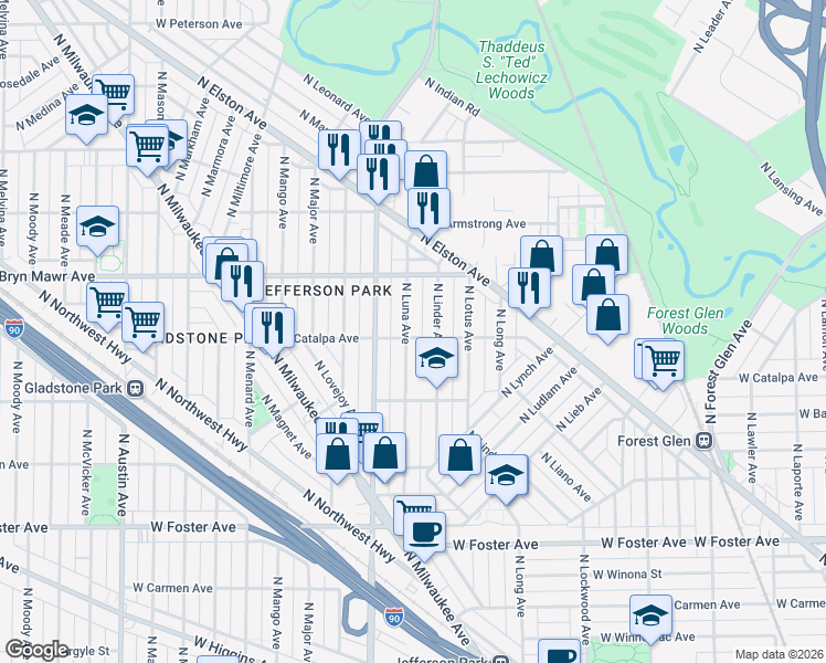 map of restaurants, bars, coffee shops, grocery stores, and more near 5526 North Linder Avenue in Chicago