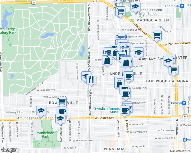 map of restaurants, bars, coffee shops, grocery stores, and more near 1735 West Catalpa Avenue in Chicago