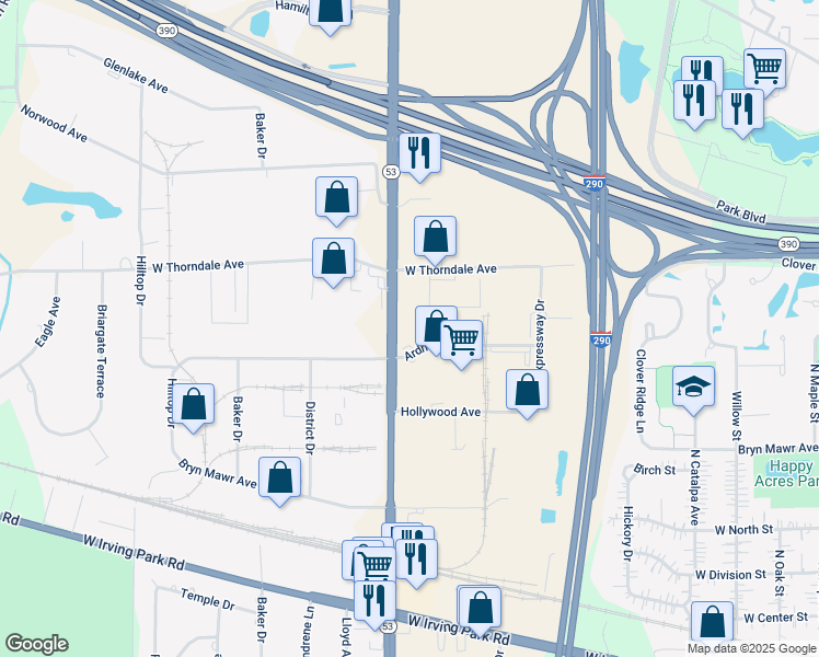 map of restaurants, bars, coffee shops, grocery stores, and more near 1151 Ardmore Avenue in Itasca