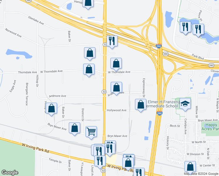 map of restaurants, bars, coffee shops, grocery stores, and more near 1151 Ardmore Avenue in Itasca