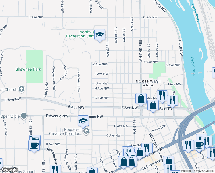 map of restaurants, bars, coffee shops, grocery stores, and more near 1016 H Avenue Northwest in Cedar Rapids