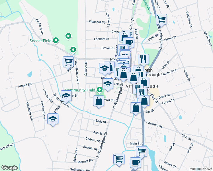 map of restaurants, bars, coffee shops, grocery stores, and more near 6 Morse Street in North Attleborough