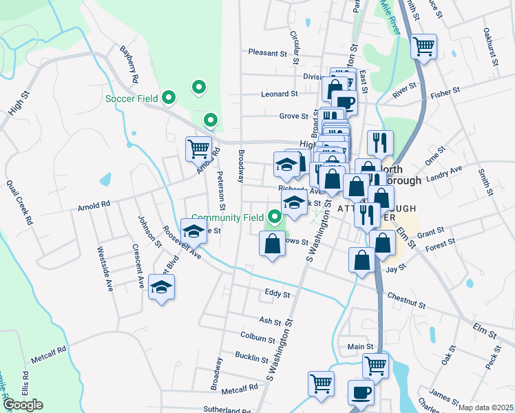 map of restaurants, bars, coffee shops, grocery stores, and more near 90 Richards Avenue in North Attleborough