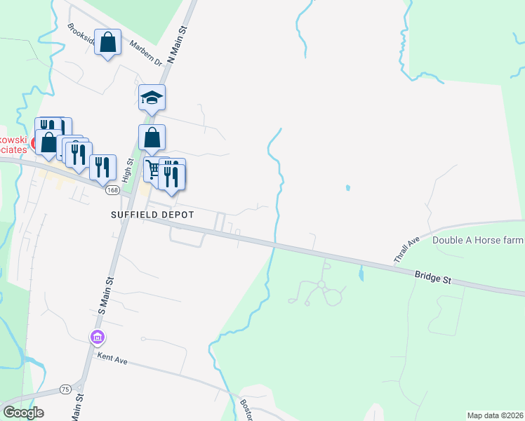 map of restaurants, bars, coffee shops, grocery stores, and more near 102 Brandywine Lane in Suffield