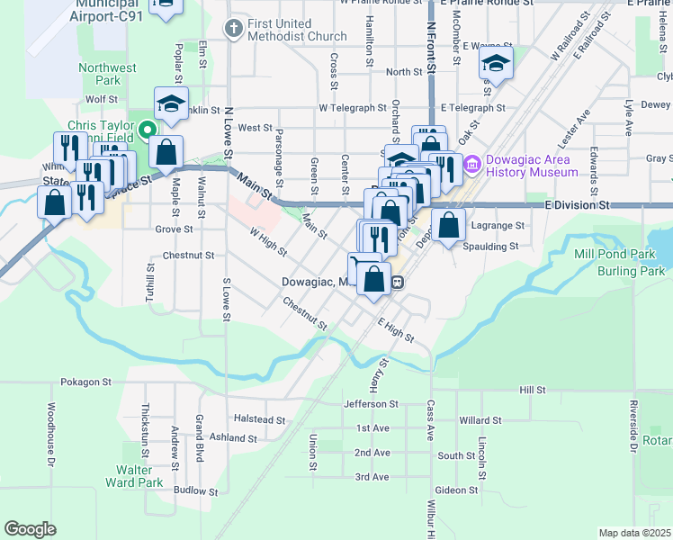 map of restaurants, bars, coffee shops, grocery stores, and more near 301 Main Street in Dowagiac