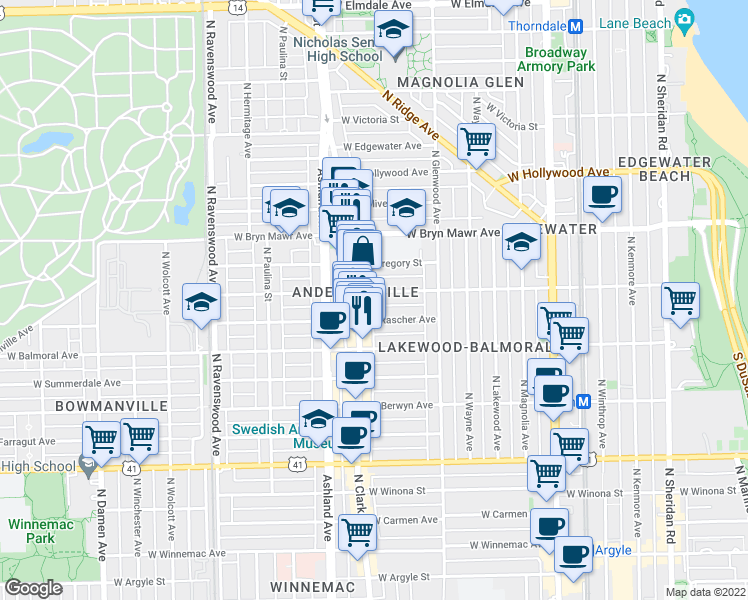 map of restaurants, bars, coffee shops, grocery stores, and more near 1464 West Catalpa Avenue in Chicago