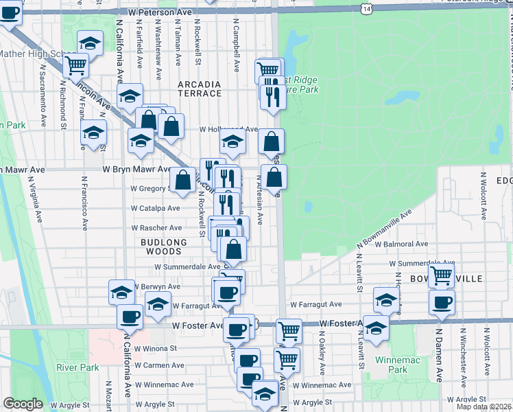 map of restaurants, bars, coffee shops, grocery stores, and more near 5519 North Campbell Avenue in Chicago
