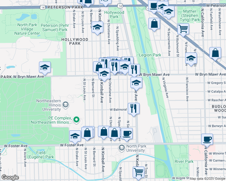 map of restaurants, bars, coffee shops, grocery stores, and more near 5527 North Christiana Avenue in Chicago