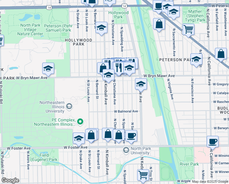 map of restaurants, bars, coffee shops, grocery stores, and more near 5527 North Christiana Avenue in Chicago