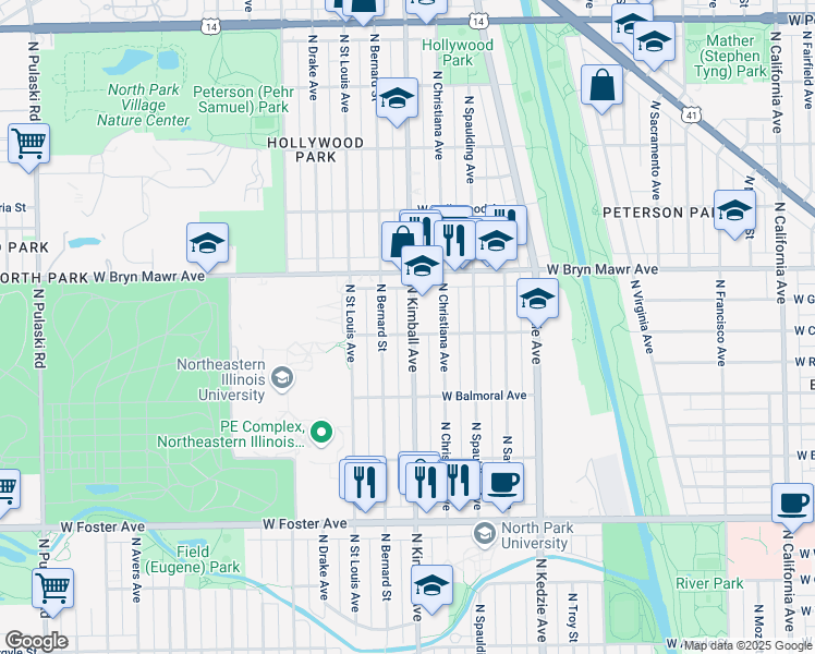 map of restaurants, bars, coffee shops, grocery stores, and more near 5526 North Kimball Avenue in Chicago