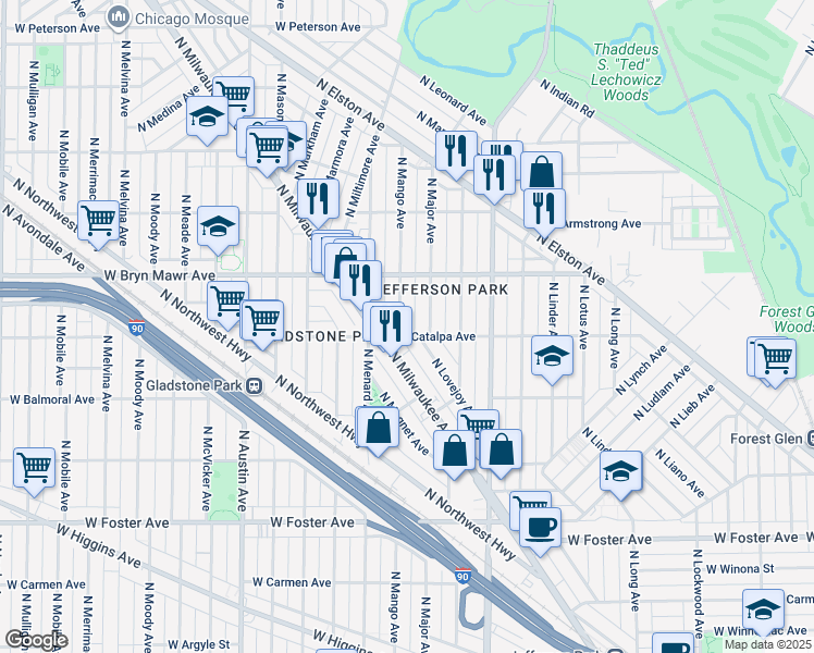 map of restaurants, bars, coffee shops, grocery stores, and more near in Chicago