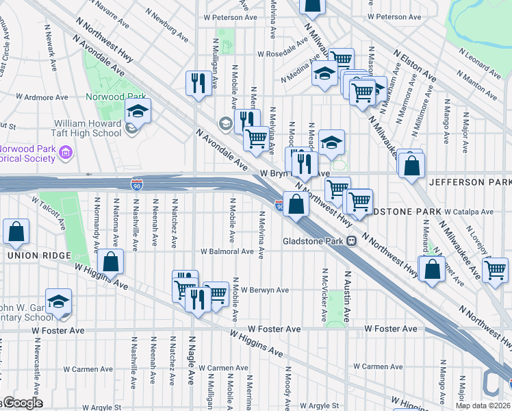 map of restaurants, bars, coffee shops, grocery stores, and more near 6225 West Gregory Street in Chicago