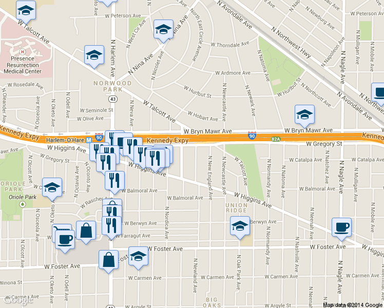 map of restaurants, bars, coffee shops, grocery stores, and more near 5529 North Sayre Avenue in Chicago