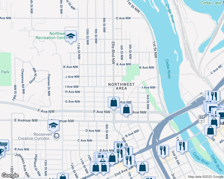 map of restaurants, bars, coffee shops, grocery stores, and more near 1003 8th Street Northwest in Cedar Rapids
