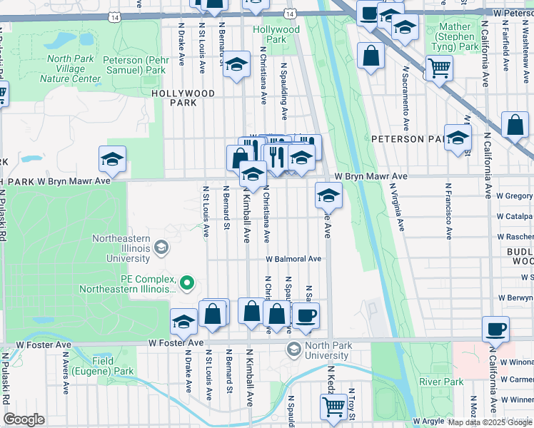 map of restaurants, bars, coffee shops, grocery stores, and more near 5510 North Christiana Avenue in Chicago
