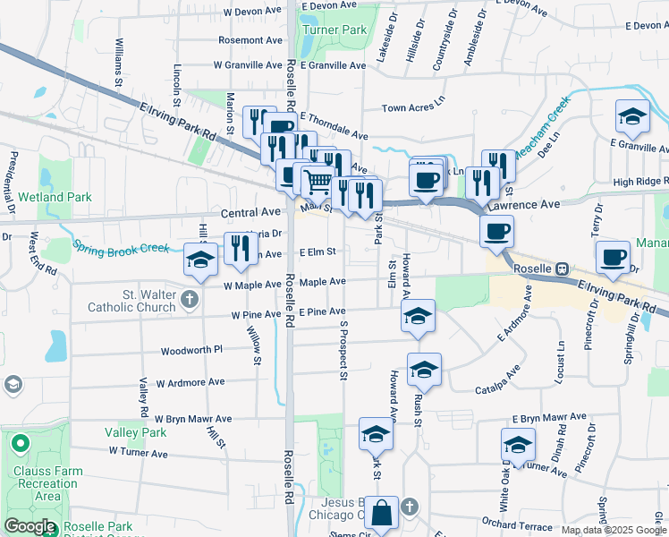 map of restaurants, bars, coffee shops, grocery stores, and more near 31 East Elm Street in Roselle