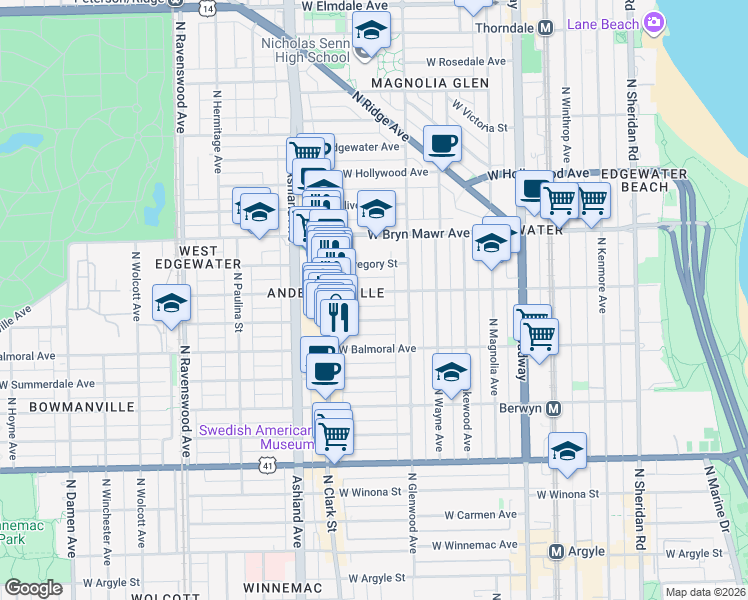 map of restaurants, bars, coffee shops, grocery stores, and more near 1426 West Catalpa Avenue in Chicago