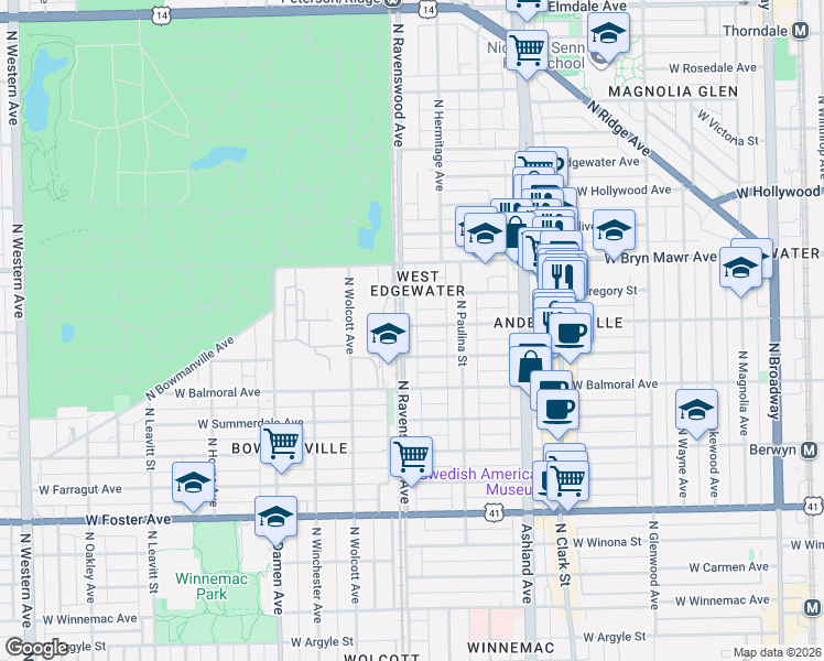 map of restaurants, bars, coffee shops, grocery stores, and more near 1728 West Catalpa Avenue in Chicago