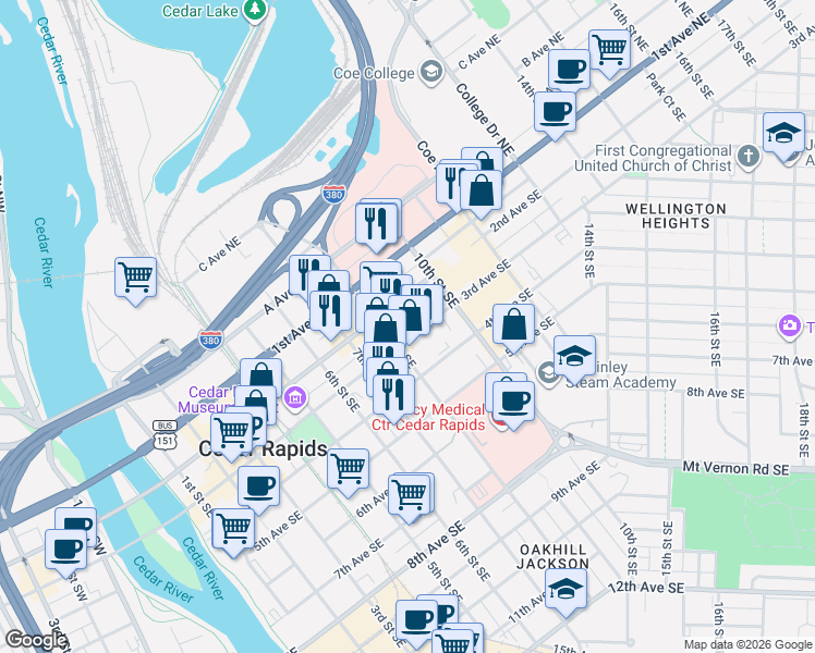 map of restaurants, bars, coffee shops, grocery stores, and more near 811 2nd Avenue Southeast in Cedar Rapids