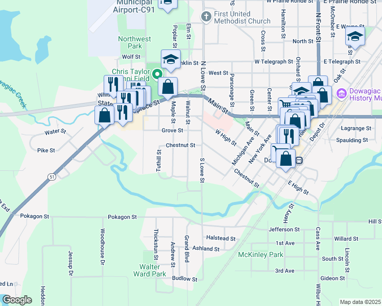 map of restaurants, bars, coffee shops, grocery stores, and more near 506 Chestnut Street in Dowagiac