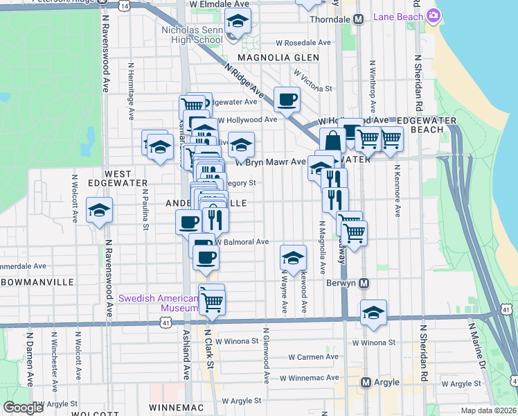 map of restaurants, bars, coffee shops, grocery stores, and more near 5507 North Glenwood Avenue in Chicago