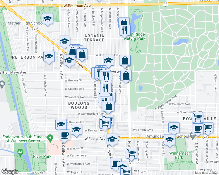 map of restaurants, bars, coffee shops, grocery stores, and more near 5500 North Campbell Avenue in Chicago