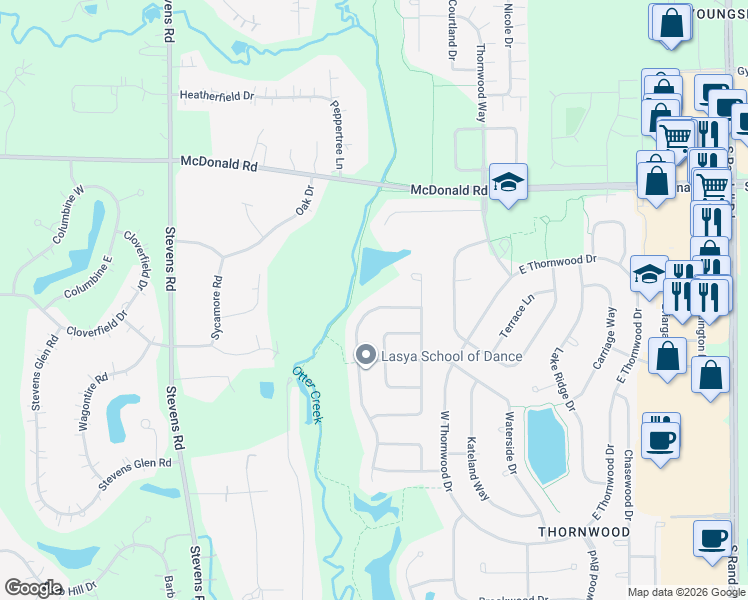 map of restaurants, bars, coffee shops, grocery stores, and more near 572 Waters Edge Drive in South Elgin