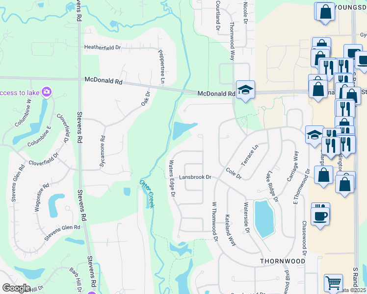 map of restaurants, bars, coffee shops, grocery stores, and more near 572 Waters Edge Drive in South Elgin