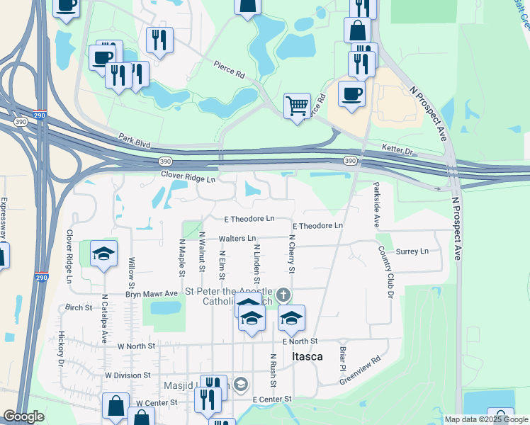 map of restaurants, bars, coffee shops, grocery stores, and more near 384 East Haver Hill Court in Itasca