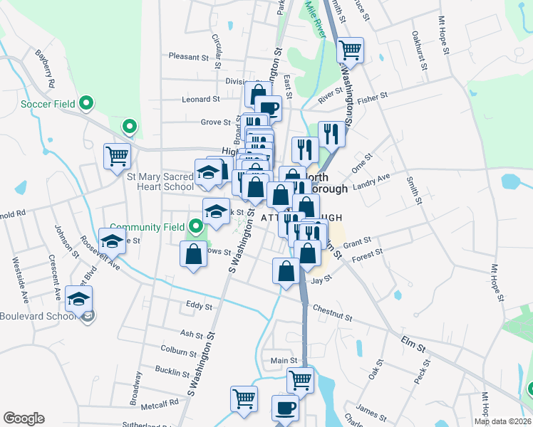 map of restaurants, bars, coffee shops, grocery stores, and more near in North Attleborough