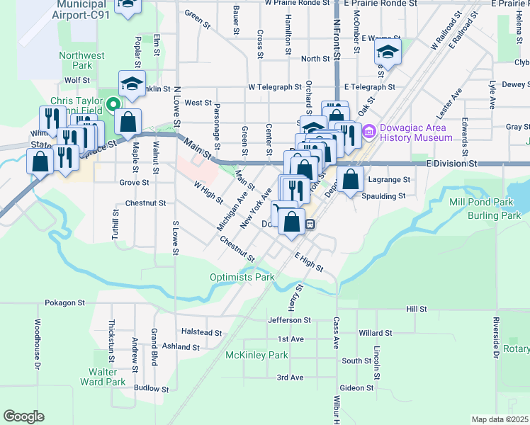 map of restaurants, bars, coffee shops, grocery stores, and more near 301 Main Street in Dowagiac