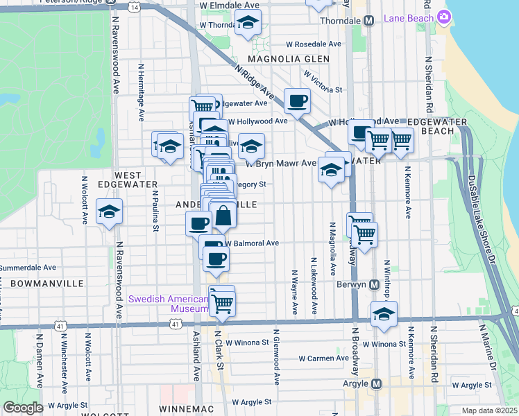map of restaurants, bars, coffee shops, grocery stores, and more near 1426 West Catalpa Avenue in Chicago