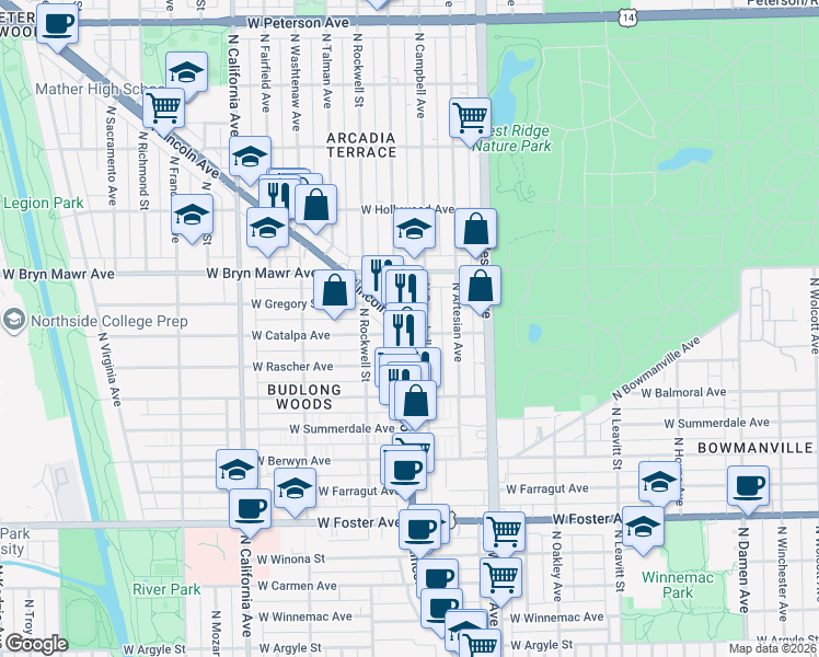 map of restaurants, bars, coffee shops, grocery stores, and more near in Chicago