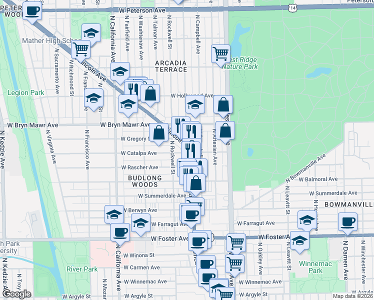 map of restaurants, bars, coffee shops, grocery stores, and more near in Chicago