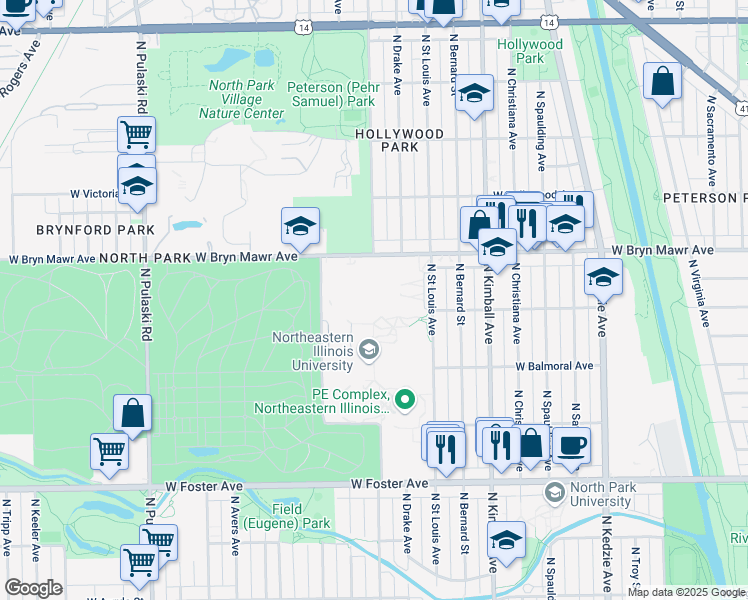 map of restaurants, bars, coffee shops, grocery stores, and more near 5500 North Saint Louis Avenue in Chicago