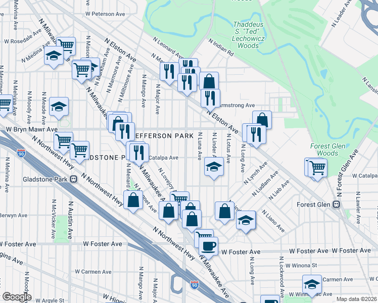 map of restaurants, bars, coffee shops, grocery stores, and more near 5529 North Central Avenue in Chicago