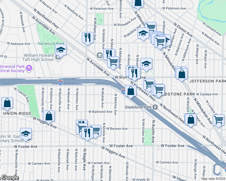 map of restaurants, bars, coffee shops, grocery stores, and more near 6225 West Gregory Street in Chicago