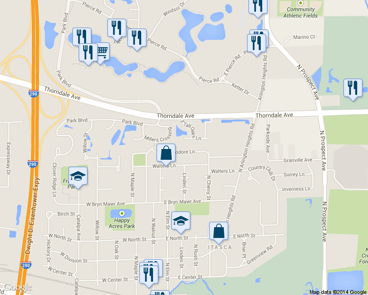 map of restaurants, bars, coffee shops, grocery stores, and more near 237 East Theodore Lane in Itasca