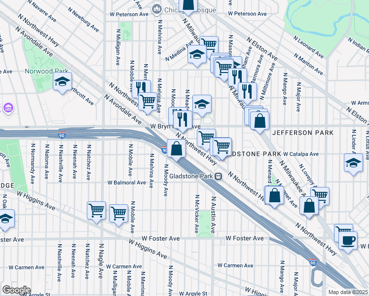 map of restaurants, bars, coffee shops, grocery stores, and more near 5559 North Northwest Highway in Chicago