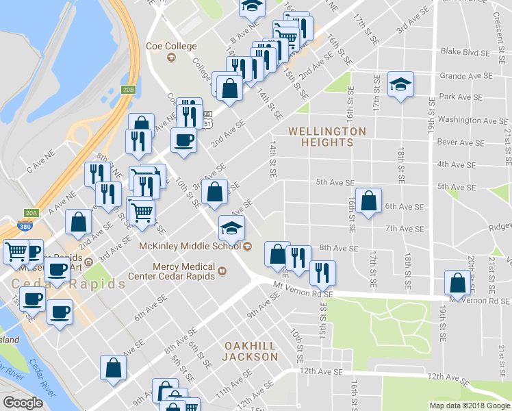 map of restaurants, bars, coffee shops, grocery stores, and more near 504 12th Street Southeast in Cedar Rapids